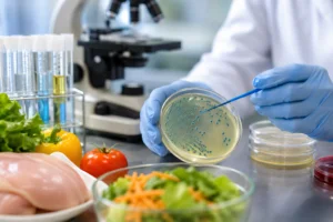 Análise microbiológica em laboratório com placa de Petri e alimentos